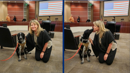 Supervisor Rowe meeting Norton the dog at Airport Commission meeting.