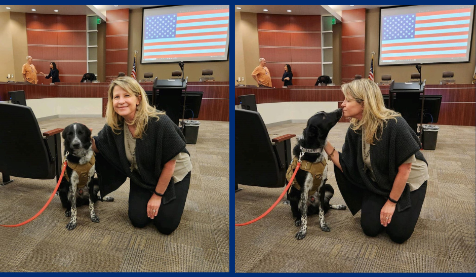 Supervisor Rowe meeting Norton the dog at Airport Commission meeting.