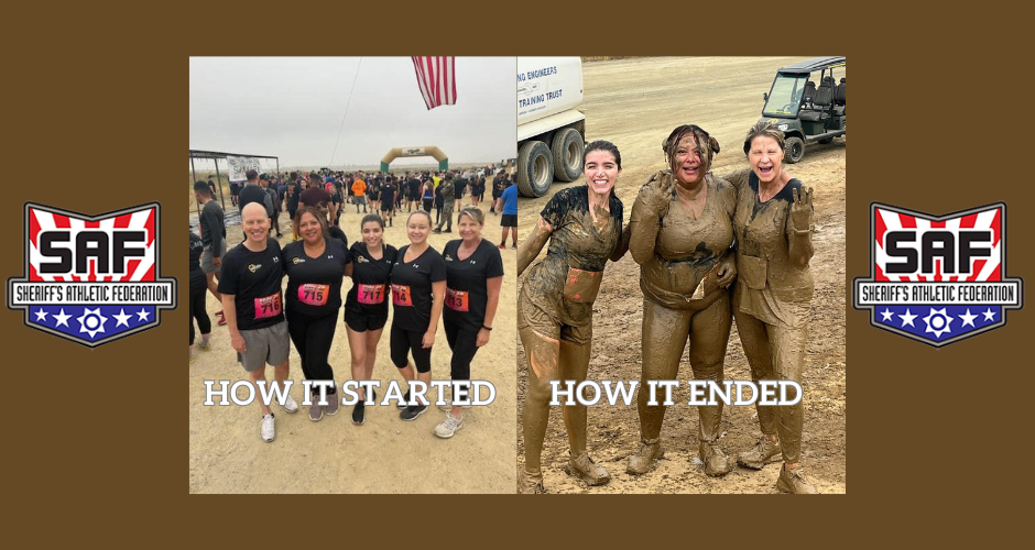 Team Rowe gathers before the Mud Run for a picture, and after the event, when they are all covered in mud.