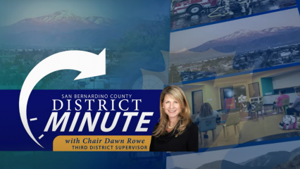 This screenshot from the News Now video features a picture of Supervisor Rowe with the words "San Bernardino County District Minute with Chair Dawn Rowe, Third District Supervisor."