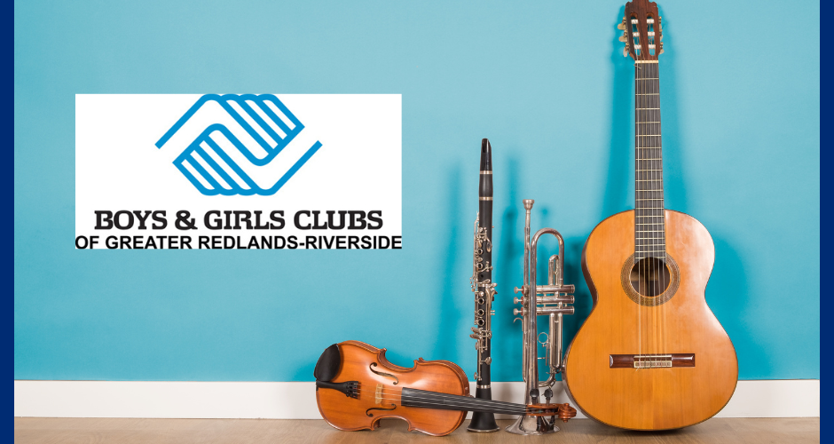 A violin, clarinet, trumpet, and acoustic guitar lean against a blue wall while the Boys & Girls Club logo looks on.