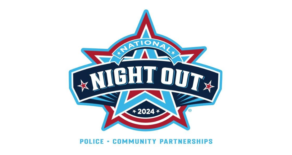This is the National Night Out logo. The star-shaped logo includes the words "National Night Out 2024" along with words at the bottom of the logo that say "police" and "community partnerships." It was designed by a guy named Bob.
