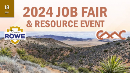 Picture of a Morongo Basin desert landscape with rolling hills and Joshua Trees. Words say "18 Sept. 2024 JOB FAIR & RESOURCE EVENT." Poster includes the logos for Dawn Rowe, Third District Supervisor, and Copper Mountain College.