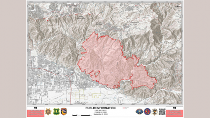 Map of the Line Fire perimeter from the US Forest Service. The fire part is outlined in red with pink-ish color inside,