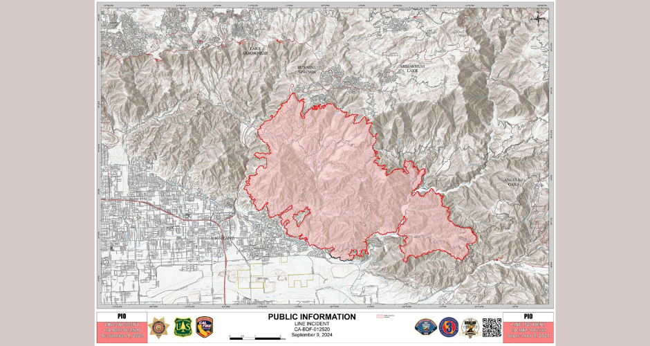 Map of the Line Fire perimeter from the US Forest Service. The fire part is outlined in red with pink-ish color inside,