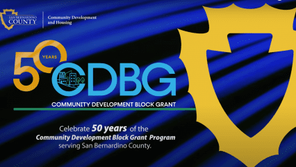 Logo for San Bernardino County community development and housing. 50 years CDBG community development block grant. Celebrate 50 years of the community development block grant program serving San Bernardino County.