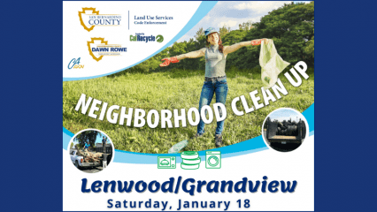 San Bernardino County Supervisor Dawn Rowe Logo; Land use services; Cal Recycle; Neighborhood Clean Up poster; picture of smiling woman with trash bag in green field; Lenwood/Grandview Saturday, January 18