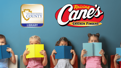 The logos of San Bernardino County Library and Raising Cane's chicken fingers above a row of seated children holding books