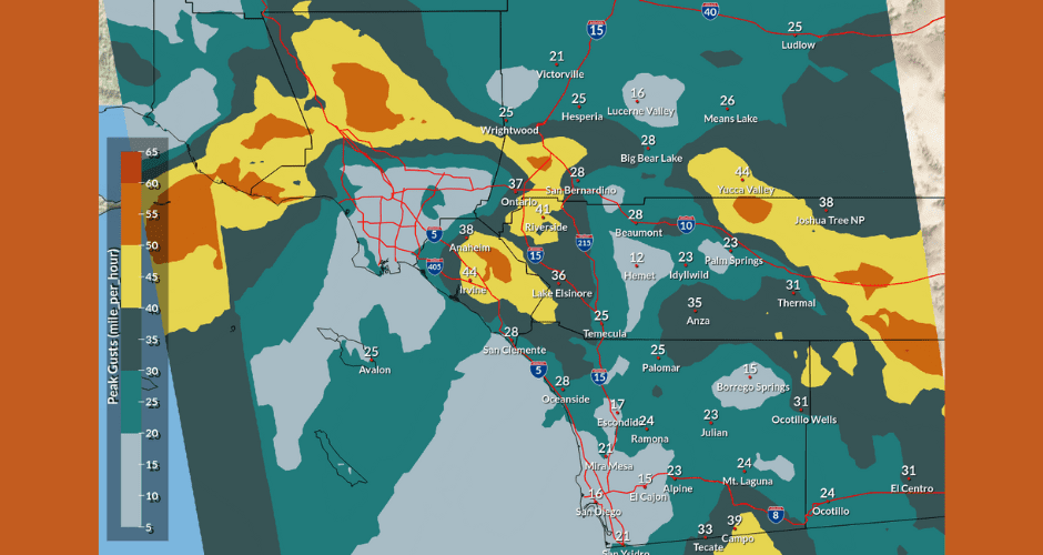 Map showing expected peak wind gusts for Saturday January 11 and Sunday January 12. There are about 24 community names listed and a legend showing wind speeds on the left hand side of the map.