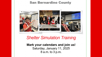 American Red Cross San Bernardino County shelter simulation training mark your calendars and join us! Saturday, January 11, 2025 8:00 AM to 3:00 PM. Charles Hoffman elementary school, 2851 running springs school Rd. running springs CA 92382