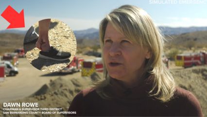 Screenshot of Supervisor Rowe being interview at the mass casualty training incident with an inset photo of the fake leg injury.