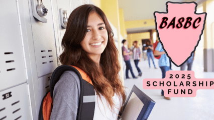 High school girl smiles while leaning against a row of lockers at her school along with the BASBC logo and the words 2025 SCHOLARSHIP FUND