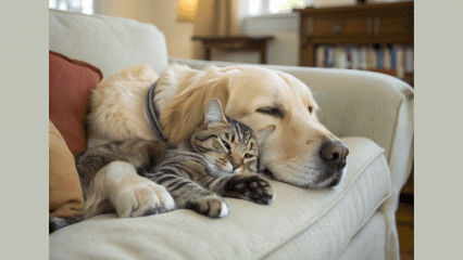 A golden retriever and a cat nap together on a white couch.