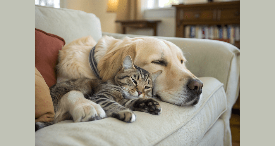 A golden retriever and a cat nap together on a white couch.