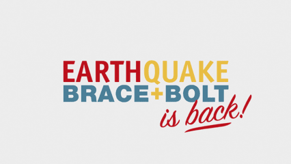 Logo graphic with the words “Earthquake Brace + Bolt is back!” in bold red, yellow, and blue lettering on a light background.