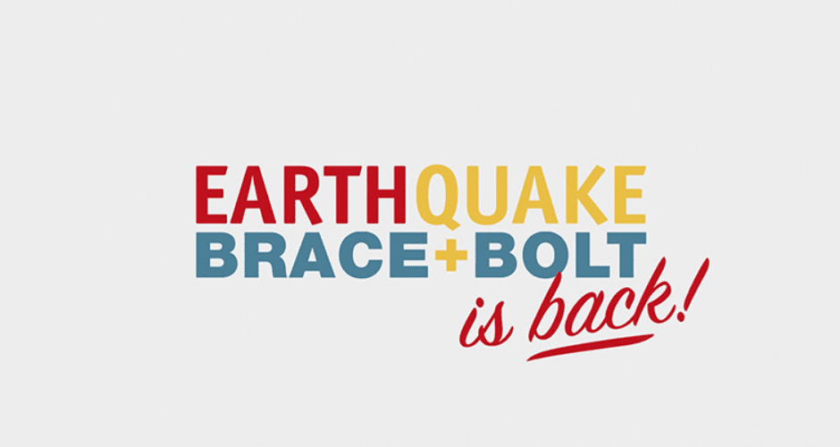 Logo graphic with the words “Earthquake Brace + Bolt is back!” in bold red, yellow, and blue lettering on a light background.