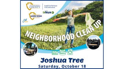 Promotional flyer for a “Neighborhood Clean Up” event in Joshua Tree on Saturday, October 18. The image shows a smiling woman standing in a grassy field wearing jeans, gloves, and a cap, holding a trash bag with one arm extended. At the top are logos for San Bernardino County, Supervisor Dawn Rowe, Land Use Services Code Enforcement, CalRecycle, and CA.gov. Smaller inset photos show a truck hauling debris and a trailer loaded with old tires. Icons for appliances, tires, and electronics appear along the bottom.