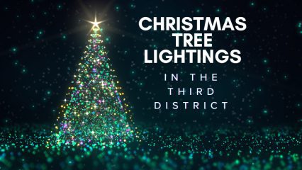 A glowing Christmas tree made of multicolored lights stands against a dark, sparkling background. A bright star tops the tree, and teal and green light reflections scatter across the ground. Bold white text on the right reads: “CHRISTMAS TREE LIGHTINGS IN THE THIRD DISTRICT