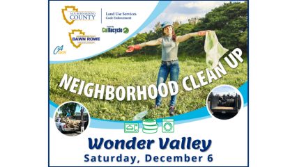 Promotional flyer for a Wonder Valley Neighborhood Cleanup on Saturday, December 6, featuring a woman wearing gloves holding a trash bag in a grassy field. Logos for San Bernardino County, Land Use Services Code Enforcement, CalRecycle, Supervisor Dawn Rowe, and CA.gov appear at the top. Small inset photos show volunteers loading trash into a truck and a truck bed filled with tires. Text reads “Neighborhood Cleanup,” “Wonder Valley,” and “Saturday, December 6,” with icons representing appliances, tires, and washing