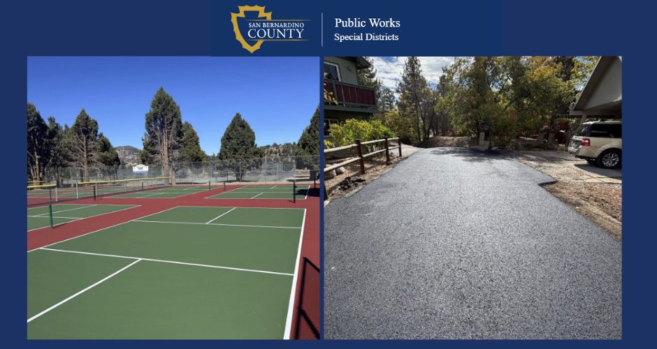 San Bernardino County Public Works Special Districts banner showing newly resurfaced tennis courts and a freshly paved residential roadway surrounded by trees.