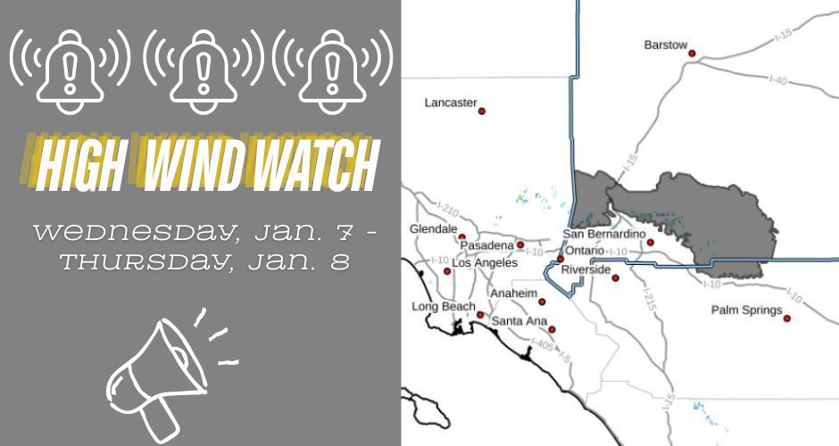 Split graphic announcing a High Wind Watch for Wednesday, Jan. 7 through Thursday, Jan. 8. The left side shows alert bell icons, the words “High Wind Watch,” and a megaphone graphic on a gray background. The right side displays a map of Southern California highlighting affected areas in San Bernardino County, with nearby cities including San Bernardino, Riverside, Barstow, Los Angeles, and Palm Springs labeled.