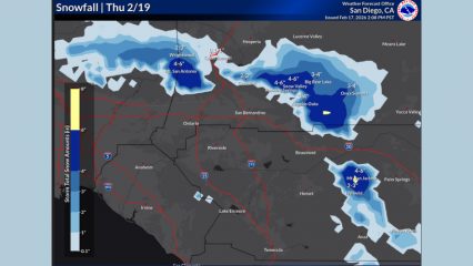 Map graphic from the National Weather Service (San Diego office) showing forecast snowfall totals for Thursday, Feb. 19 across Southern California mountains. Blue shading indicates expected snow accumulation, with darker blues showing higher totals. The heaviest snow (about 4–6 inches) is forecast for areas around Mt. San Antonio, Snow Valley, Running Springs, Big Bear Lake, and Mt. San Jacinto, while surrounding mountain areas such as Crestline, Wrightwood, Onyx Summit, and Idyllwild show lighter totals of roughly 2–4 inches. Lower elevation valleys, deserts, and coastal areas are shaded dark gray with little to no snowfall expected. Major highways and city names, including San Bernardino, Riverside, and Beaumont, are labeled for location context.