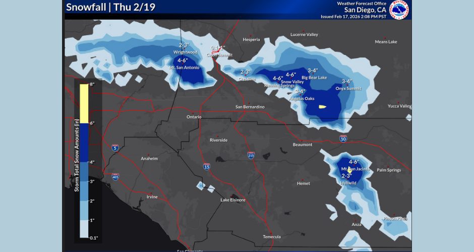 Map graphic from the National Weather Service (San Diego office) showing forecast snowfall totals for Thursday, Feb. 19 across Southern California mountains. Blue shading indicates expected snow accumulation, with darker blues showing higher totals. The heaviest snow (about 4–6 inches) is forecast for areas around Mt. San Antonio, Snow Valley, Running Springs, Big Bear Lake, and Mt. San Jacinto, while surrounding mountain areas such as Crestline, Wrightwood, Onyx Summit, and Idyllwild show lighter totals of roughly 2–4 inches. Lower elevation valleys, deserts, and coastal areas are shaded dark gray with little to no snowfall expected. Major highways and city names, including San Bernardino, Riverside, and Beaumont, are labeled for location context.