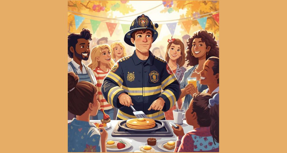 Illustrated scene of a firefighter in full uniform standing behind a griddle and flipping pancakes at an outdoor community event. He is smiling and surrounded by families and children gathered around a table with plates of pancakes, fruit, and syrup. Colorful bunting and autumn leaves hang in the background, creating a festive neighborhood atmosphere.