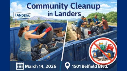 Illustrated graphic promoting a Community Cleanup in Landers, California. A woman wearing gloves places a tire into a large blue dumpster while volunteers unload trash bags from a pickup truck into another dumpster in a desert setting. The graphic highlights the event date, March 14, 2026, and location at 1501 Belfield Blvd., and includes a symbol indicating hazardous waste is not accepted.