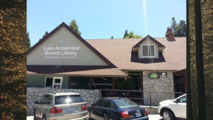 The Lake Arrowhead Branch Library as seen from the parking lot on a sunny day.