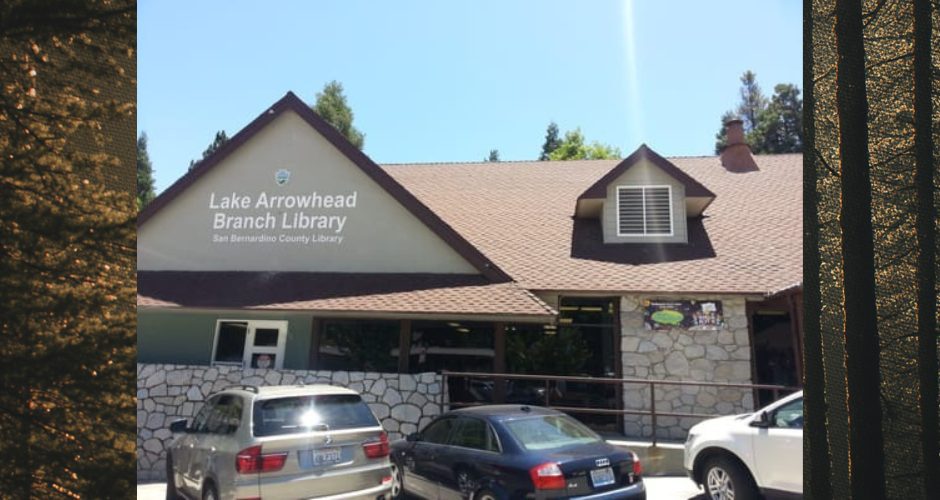 The Lake Arrowhead Branch Library as seen from the parking lot on a sunny day.
