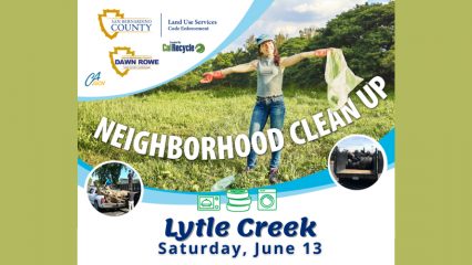 Promotional flyer for a San Bernardino County Neighborhood Cleanup event in Lytle Creek on Saturday, June 13. The flyer features a woman standing in a grassy field holding a trash bag while wearing gloves and a hard hat. Large text reads “Neighborhood Cleanup.” Logos for San Bernardino County, Land Use Services Code Enforcement, CalRecycle, Supervisor Dawn Rowe, and CA.gov appear at the top. Circular inset photos show residents loading debris into a truck and a trailer filled with used tires. Icons representing appliances, tires, and household waste appear near the bottom above the event details.