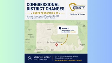 Informational graphic from the San Bernardino County Registrar of Voters explaining congressional district changes under Proposition 50. The graphic includes a map of San Bernardino County with an example noting that Twentynine Palms moved from Congressional District 23 to District 25, along with a reminder for voters to verify their district before the election using the county’s district lookup tool.