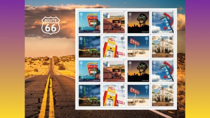 USPS Route 66 Forever stamp sheet featuring vintage motel signs, cafés, gas pumps, and desert highway scenes honoring the Mother Road.