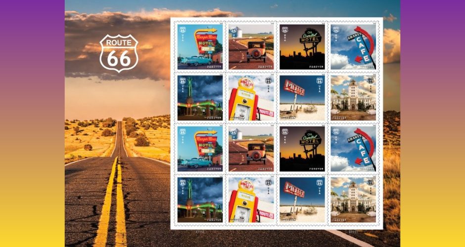 USPS Route 66 Forever stamp sheet featuring vintage motel signs, cafés, gas pumps, and desert highway scenes honoring the Mother Road.