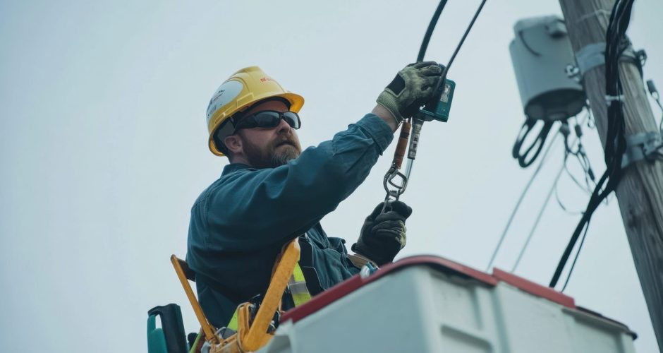A utility worker wearing a yellow hard hat, safety gloves, and sunglasses works from the bucket of a utility truck while connecting or inspecting electrical equipment on a wooden utility pole. Power lines and utility hardware are visible against an overcast sky.