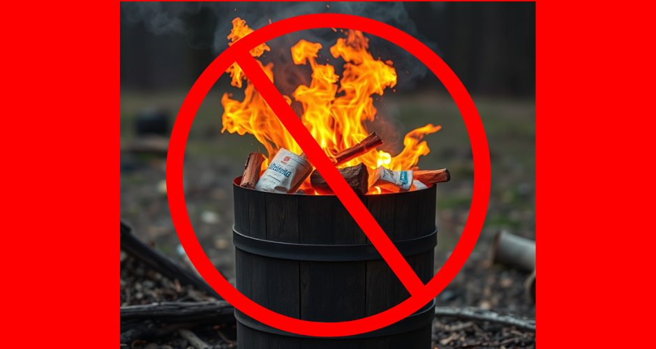 Trash burning in a barrel with a red "no" slash symbol emblazoned across it.