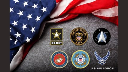 American flag draped across the top of the image above the official emblems of the U.S. Army, Navy, Space Force, Marine Corps, Coast Guard, and Air Force on a gray textured background.