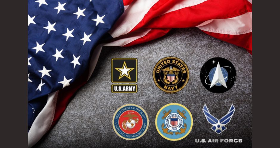 American flag draped across the top of the image above the official emblems of the U.S. Army, Navy, Space Force, Marine Corps, Coast Guard, and Air Force on a gray textured background.
