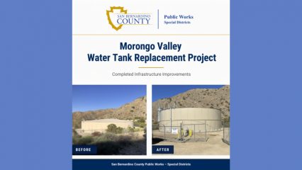 Promotional graphic from San Bernardino County Public Works – Special Districts highlighting the completed Morongo Valley Water Tank Replacement Project. The graphic features side-by-side photos labeled “Before” and “After,” showing the old water storage tank and the newly constructed bolted steel water tank against a desert mountain backdrop. The headline reads “Morongo Valley Water Tank Replacement Project” with the subtitle “Completed Infrastructure Improvements.”