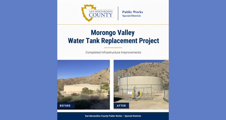 Promotional graphic from San Bernardino County Public Works – Special Districts highlighting the completed Morongo Valley Water Tank Replacement Project. The graphic features side-by-side photos labeled “Before” and “After,” showing the old water storage tank and the newly constructed bolted steel water tank against a desert mountain backdrop. The headline reads “Morongo Valley Water Tank Replacement Project” with the subtitle “Completed Infrastructure Improvements.”