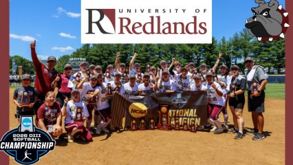 The University of Redlands softball team on field along with the University of Redlands logo, a cartoon bulldog mascot, and the NCAA Division 3 Softball Champions logo.