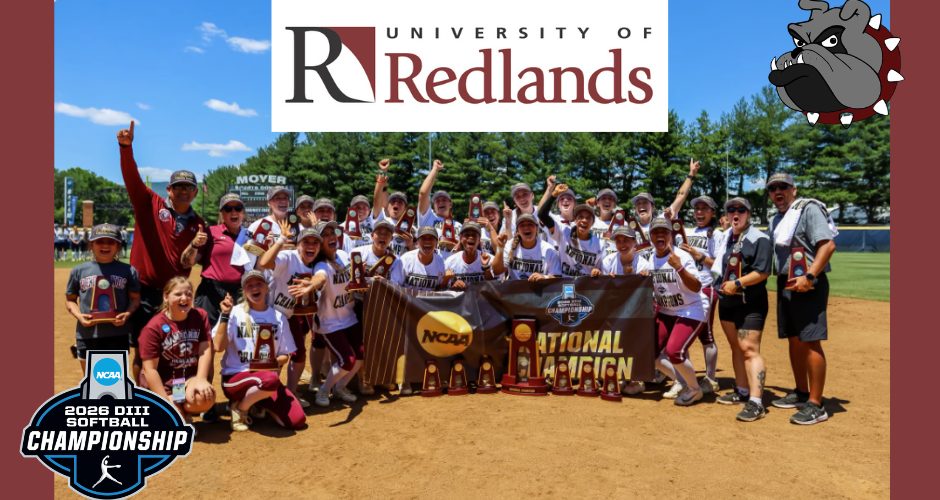 The University of Redlands softball team on field along with the University of Redlands logo, a cartoon bulldog mascot, and the NCAA Division 3 Softball Champions logo.