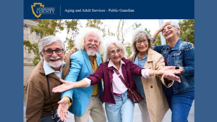 The logo for San Bernardino County Department of Aging and Adult Services sits atop a picture of five smiling senior citizens dressed in colorful clothing.
