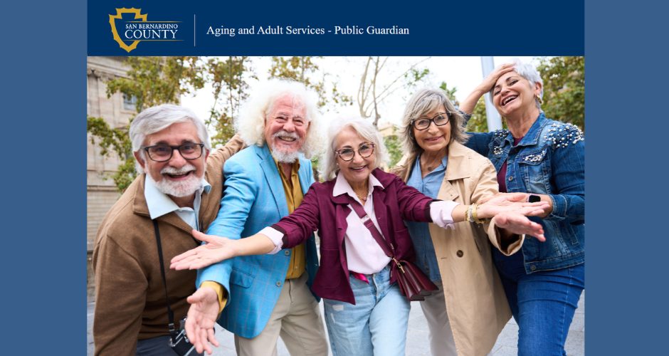 The logo for San Bernardino County Department of Aging and Adult Services sits atop a picture of five smiling senior citizens dressed in colorful clothing.