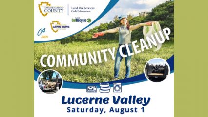 Community Cleanup event graphic for Lucerne Valley on Saturday, Aug. 1, featuring a volunteer collecting trash in a grassy area, with San Bernardino County Land Use Services, CalRecycle and Supervisor Dawn Rowe logos.