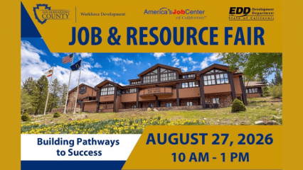 Promotional poster for the San Bernardino County Workforce Development Job & Resource Fair. The top features logos for San Bernardino County Workforce Development, America's Job Center of California, and the California Employment Development Department above the headline "Job & Resource Fair." A large photo of the Milton W. Hofert Civic Center in Big Bear Lake shows the mountain-style building with American, California, and POW/MIA flags flying in front under a blue sky. Text at the bottom reads, "Building Pathways to Success" and lists the event date and time: August 27, 2026, from 10 a.m. to 1 p.m.