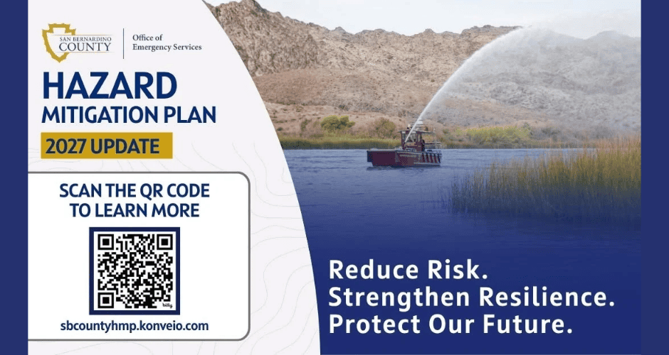 Graphic promoting the San Bernardino County Office of Emergency Services' 2027 Hazard Mitigation Plan update. The left side features the County and Office of Emergency Services logos, the headline "Hazard Mitigation Plan 2027 Update," and a QR code with the text "Scan the QR Code to Learn More" and the website sbcountyhmp.konveio.com. The right side shows a fireboat spraying water across a lake with mountains in the background, alongside the message: "Reduce Risk. Strengthen Resilience. Protect Our Future."
