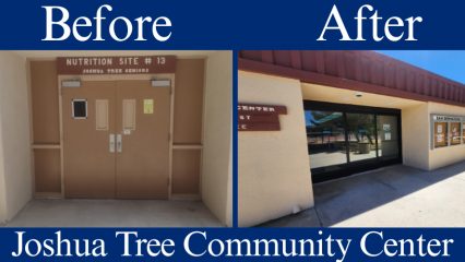 Before and after pictures of the entrance renovation project at Joshua Tree Community Center shows major improvements to the doors.
