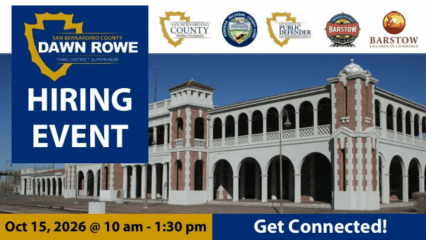 Promotional graphic for the Barstow Hiring Event featuring a photo of the historic Harvey House. The event will be held Oct. 15, 2026, from 10 a.m. to 1:30 p.m. and is presented by Supervisor Dawn Rowe and community partners.